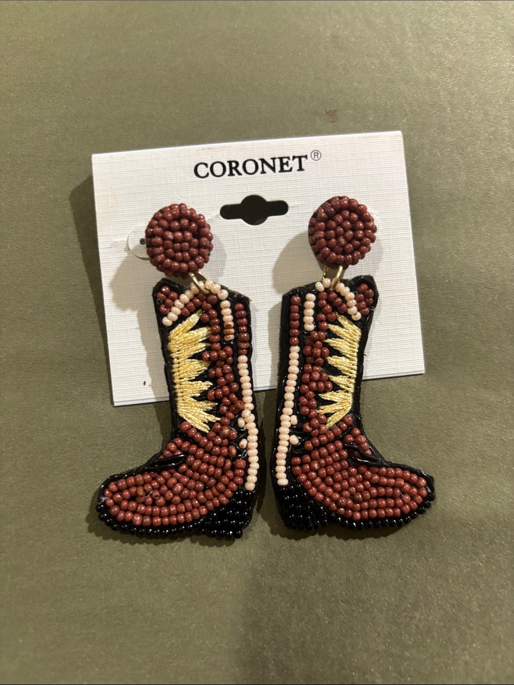Coronet Brown Beaded Cowboy Boot Drop Earrings